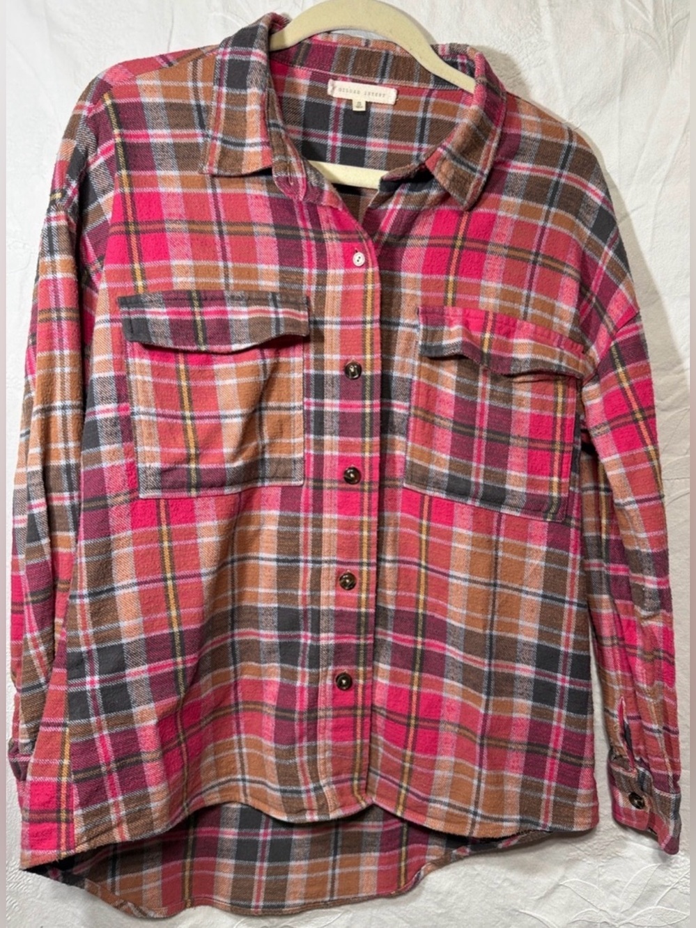 Gilded Intent Women's Plaid Flannel Shirt- Magenta Pink & Brown Small